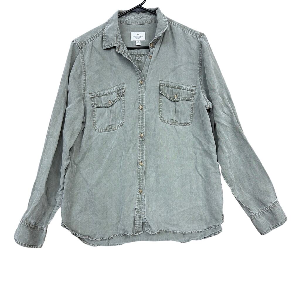 American Eagle Womens Shirt Green Collared Button Down Flap Pocket Long Sleeve L
